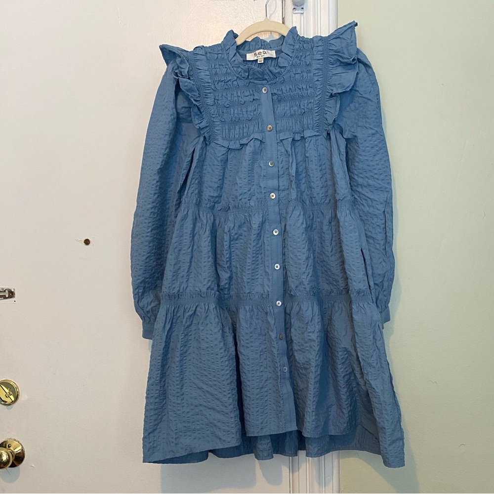 SEA New York Blue Button-Up Tiered babydoll Dress